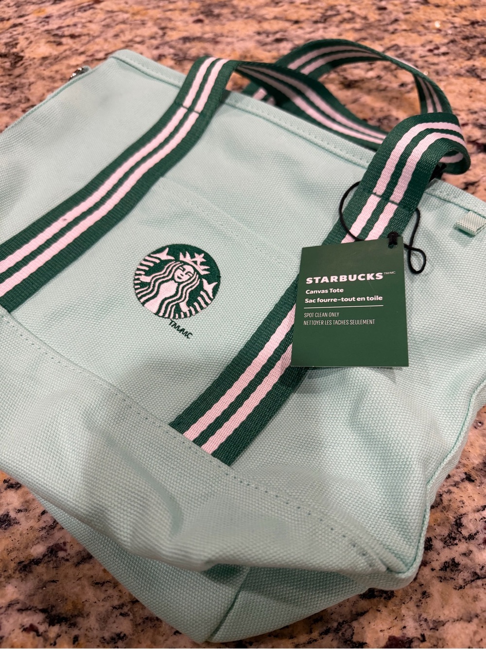 NWT Starbucks Mint Green Blue Canvas Tote Bag Dark Green Straps Zipper Road Trip - Picture 3 of 8